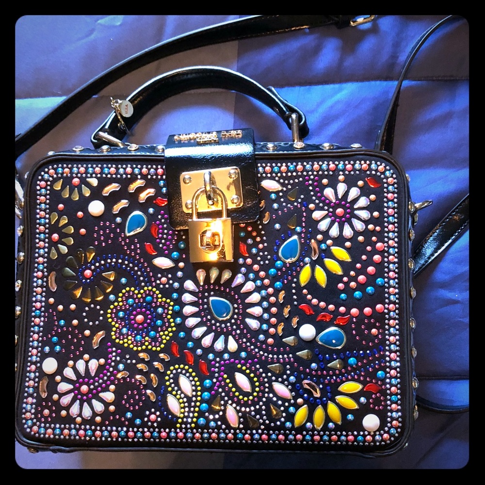 Floral Embellished Black Shoulder Bag